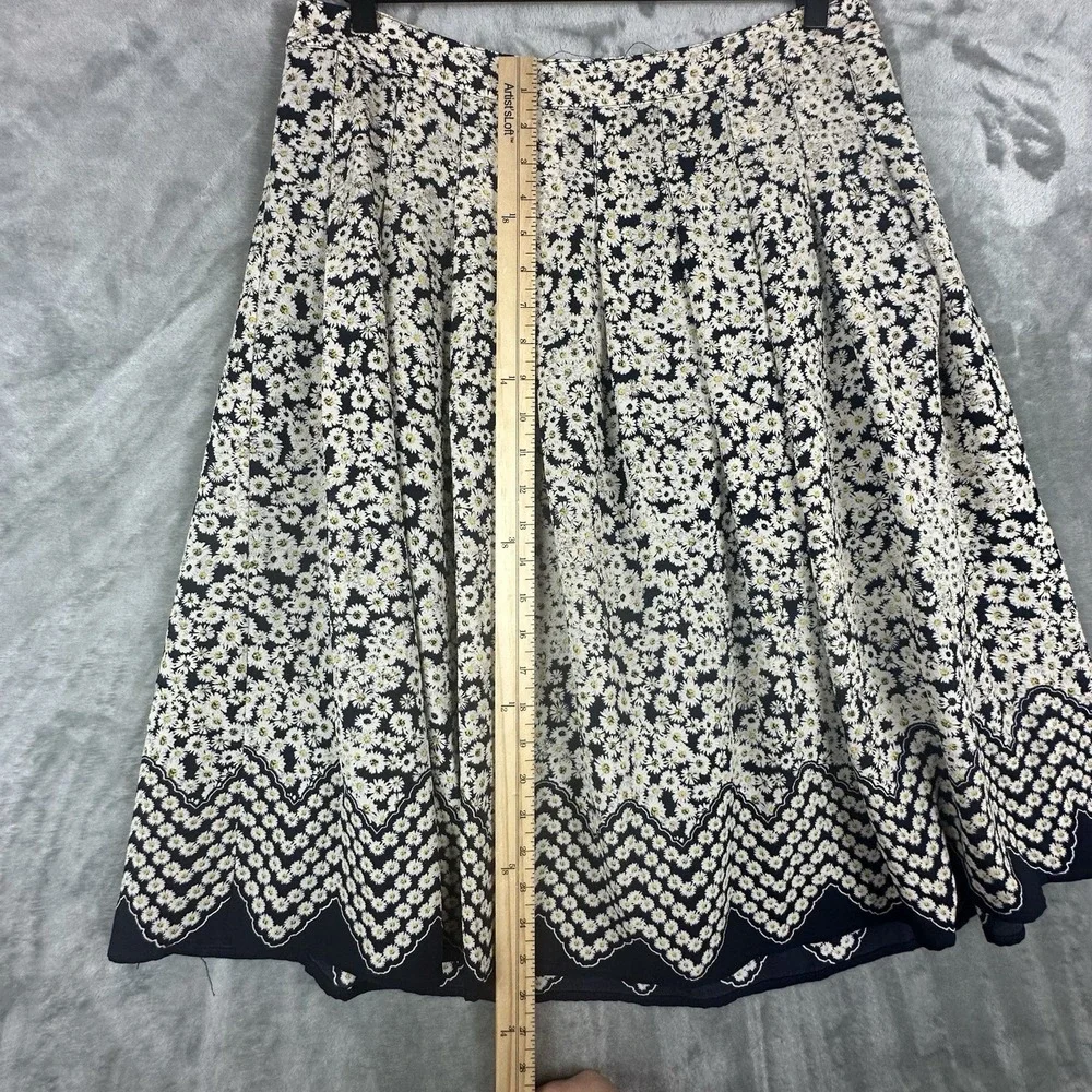 Talbots Pleated Skirt Women's 10 Blue w/ White Yellow Daisy Print A-Line Lined